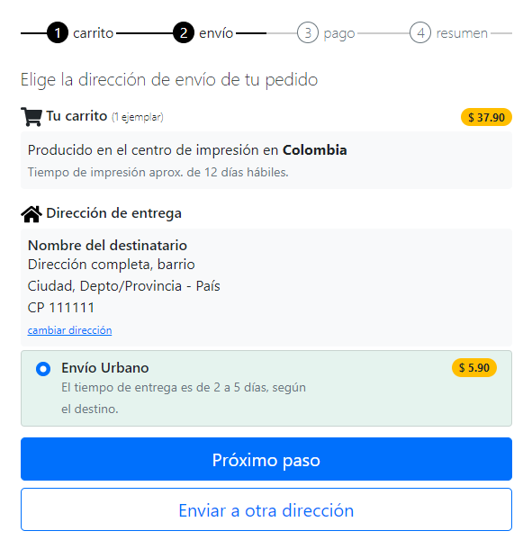 Confirma que la dirección de entrega esté completa y revisa el costo de envío